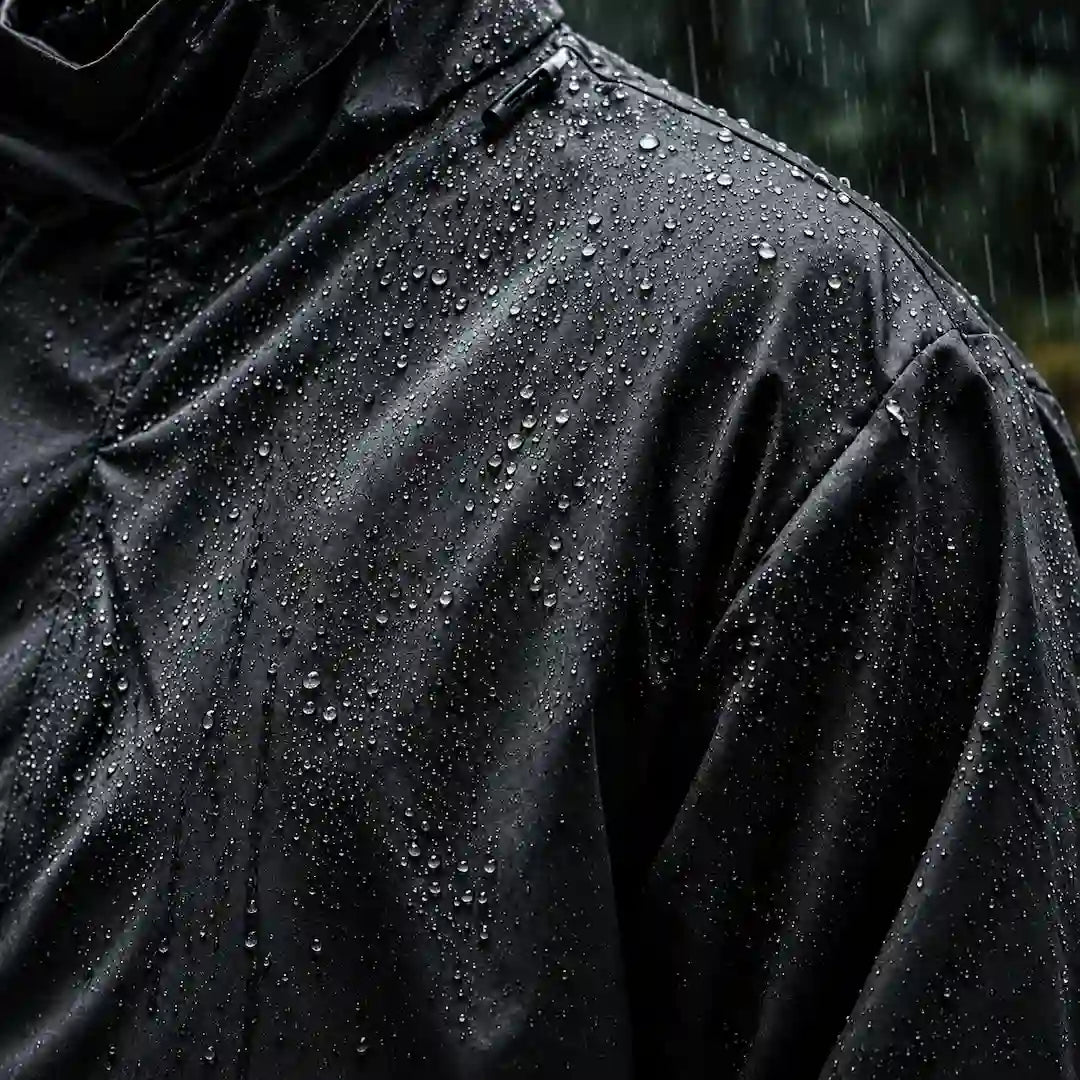 Veste imperméable noire perlée sous la pluie